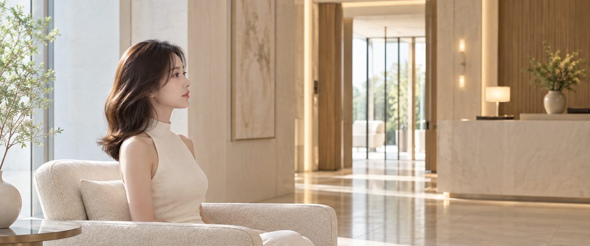 밝은 로비 의자에 앉아 입구 쪽을 바라보는 가상의 성인 여성