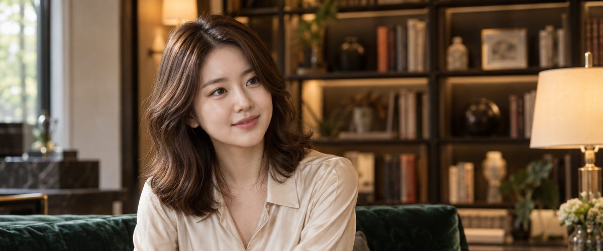 따뜻한 조명의 라운지 소파에 앉은 가상의 성인 여성