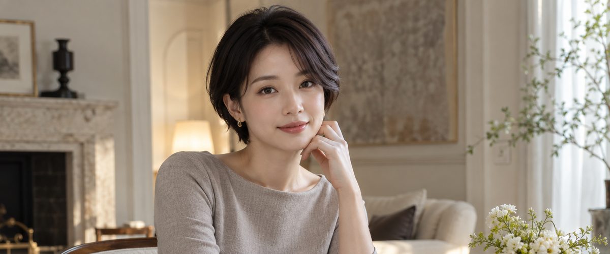 아이보리 톤 살롱 테이블에 앉은 가상의 성인 여성