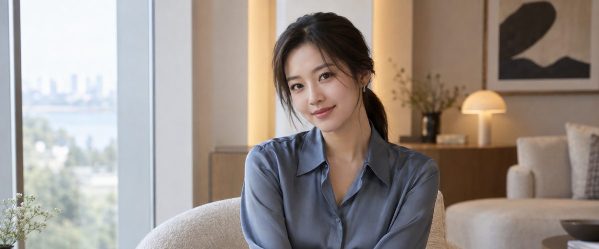 밝은 창가 라운지 의자에 앉은 가상의 성인 여성